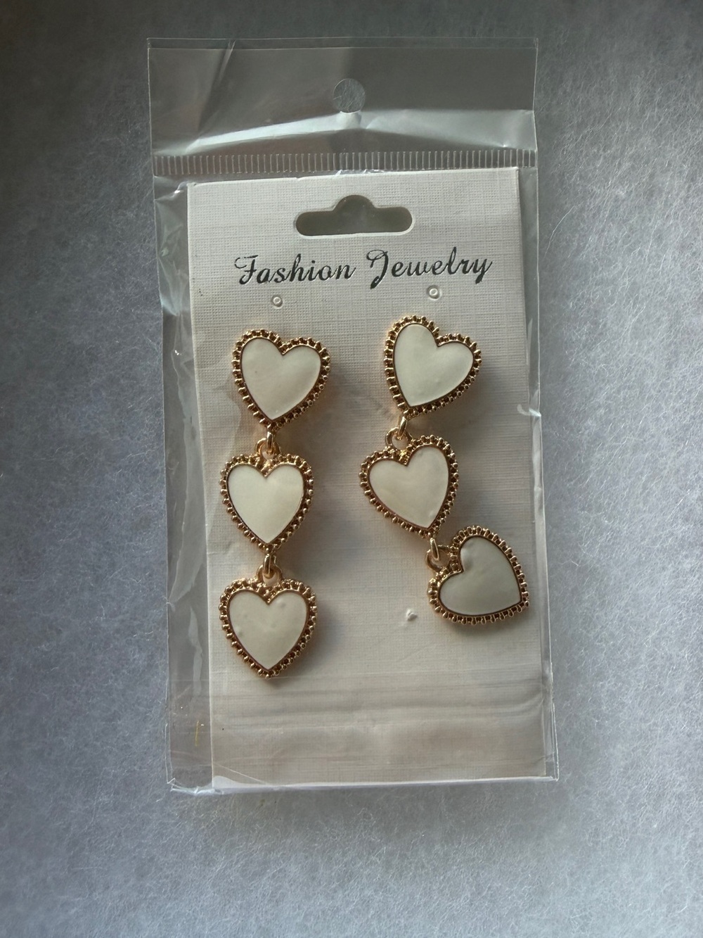 Fashion Jewelry Gold and White Triple Heart Drop Earrings